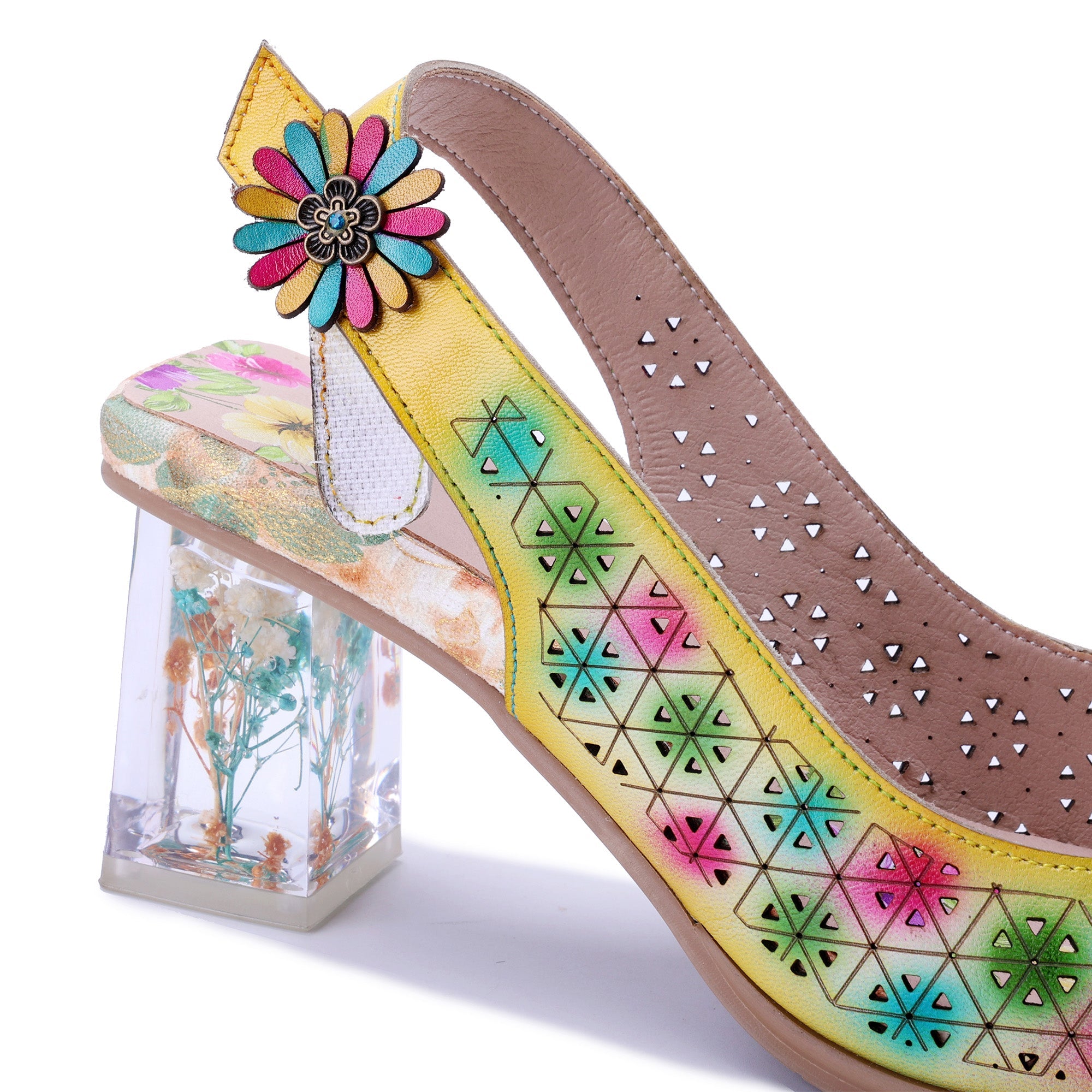 Floral and Clear Heel Slingback Sandals