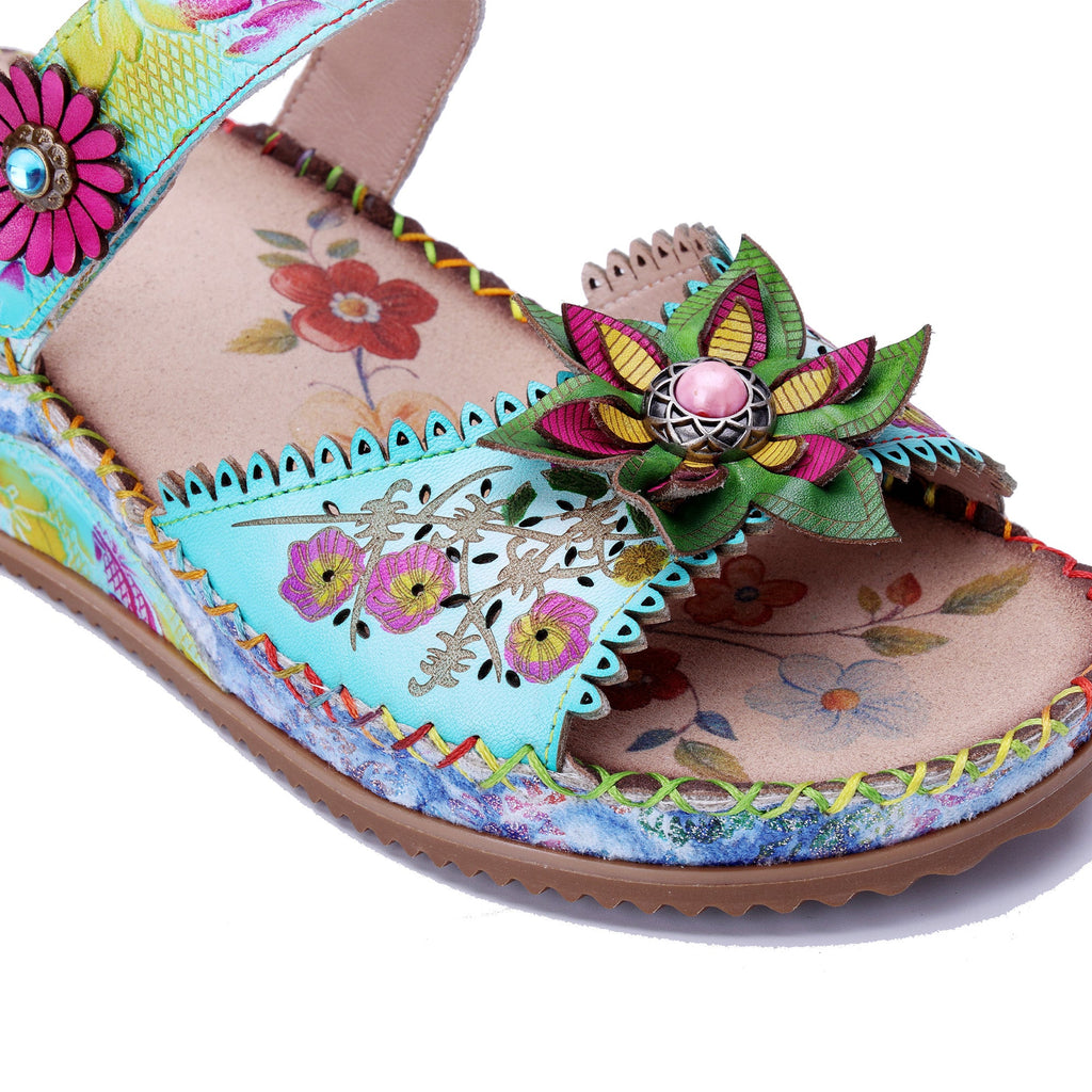 Handmade Turquoise Floral Wedge Sandals