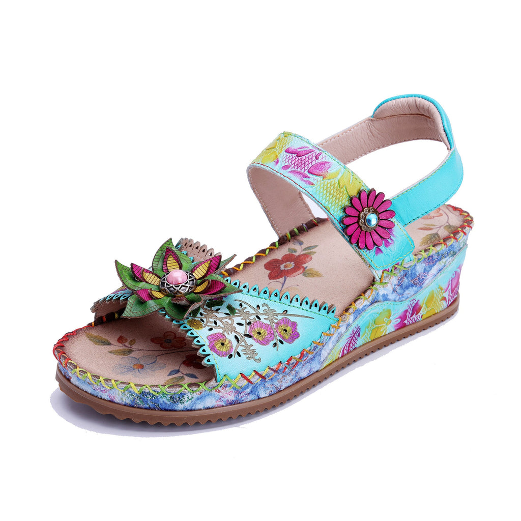 Handmade Turquoise Floral Wedge Sandals