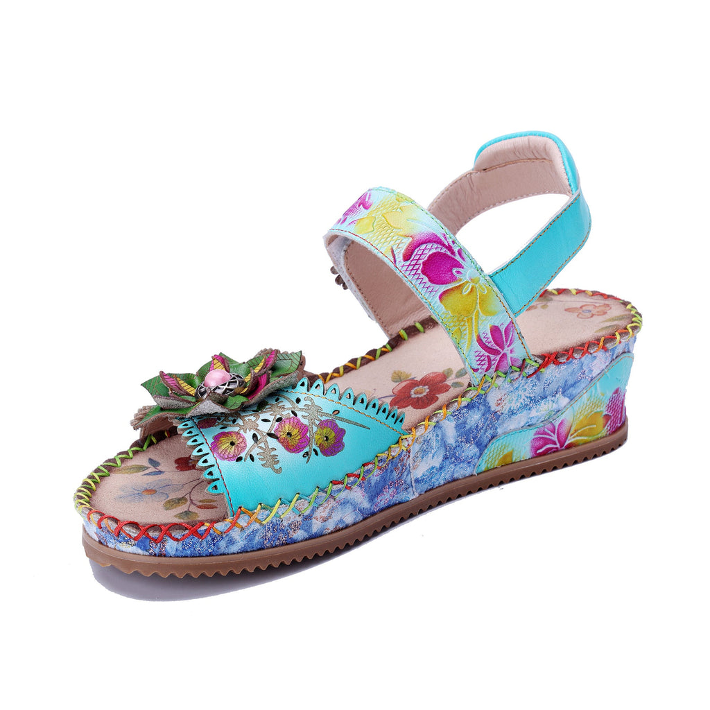 Handmade Turquoise Floral Wedge Sandals