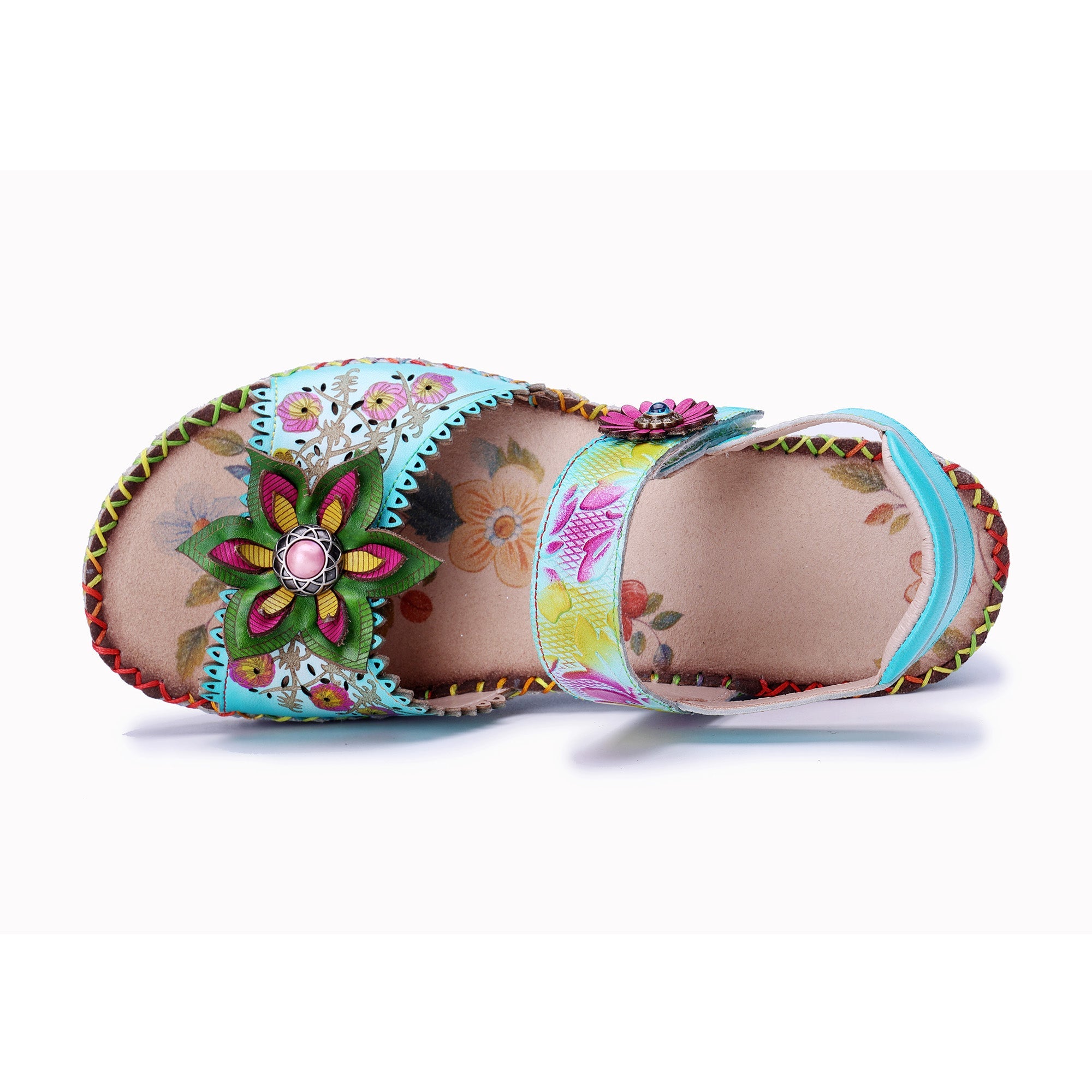Handmade Turquoise Floral Wedge Sandals