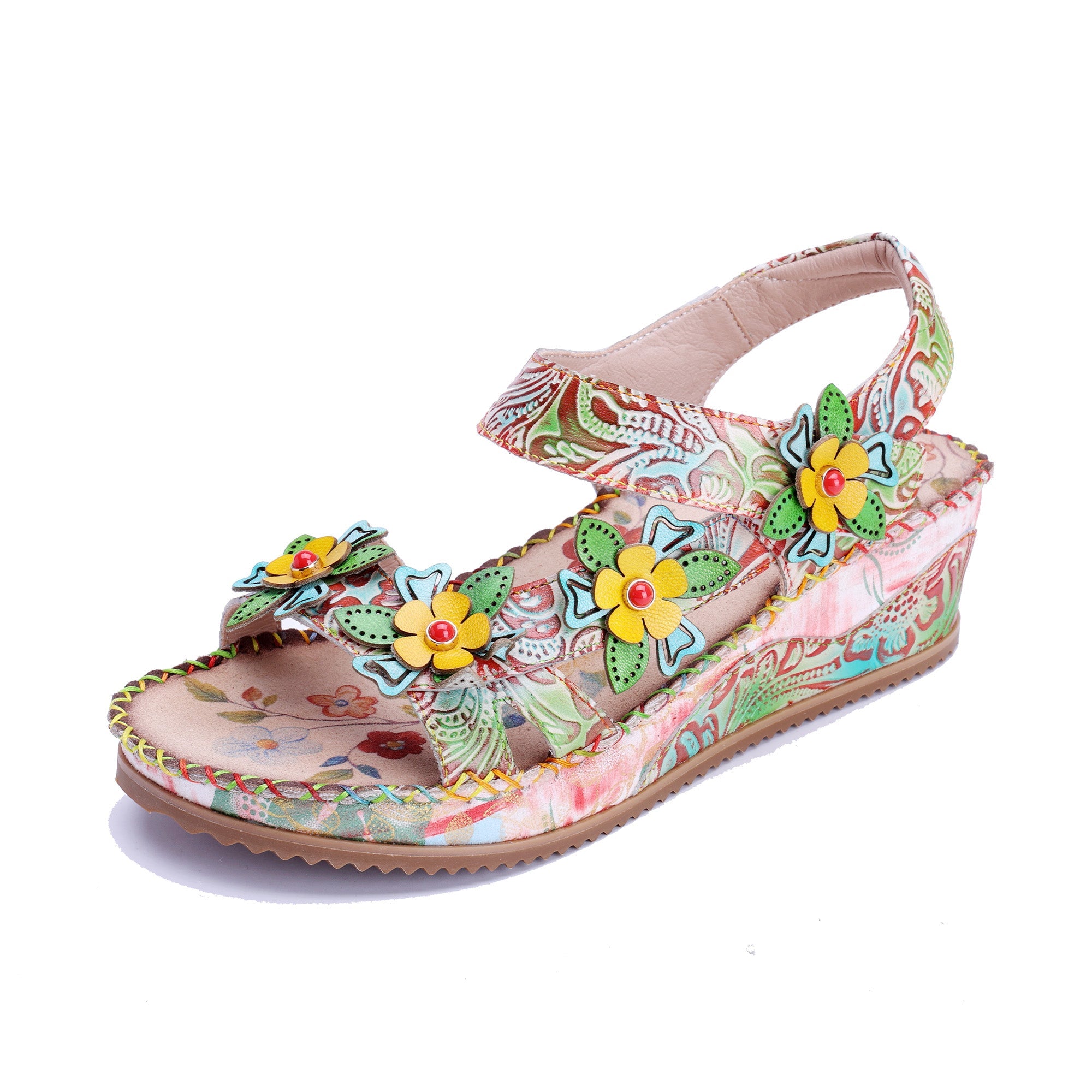 Multicolor Flower Decorations Floral Wedge Sandals