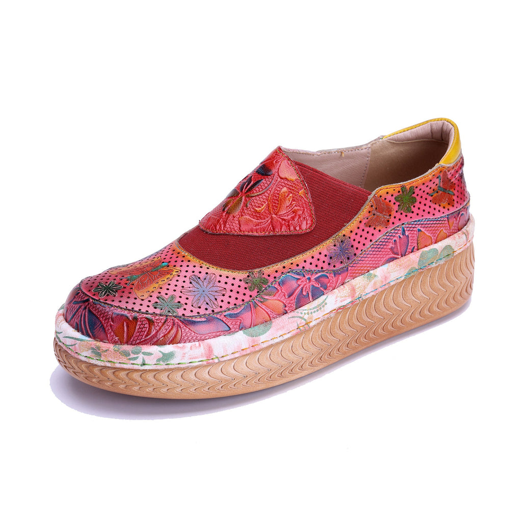 Red Floral-Pattern Platform Slip-On Shoes
