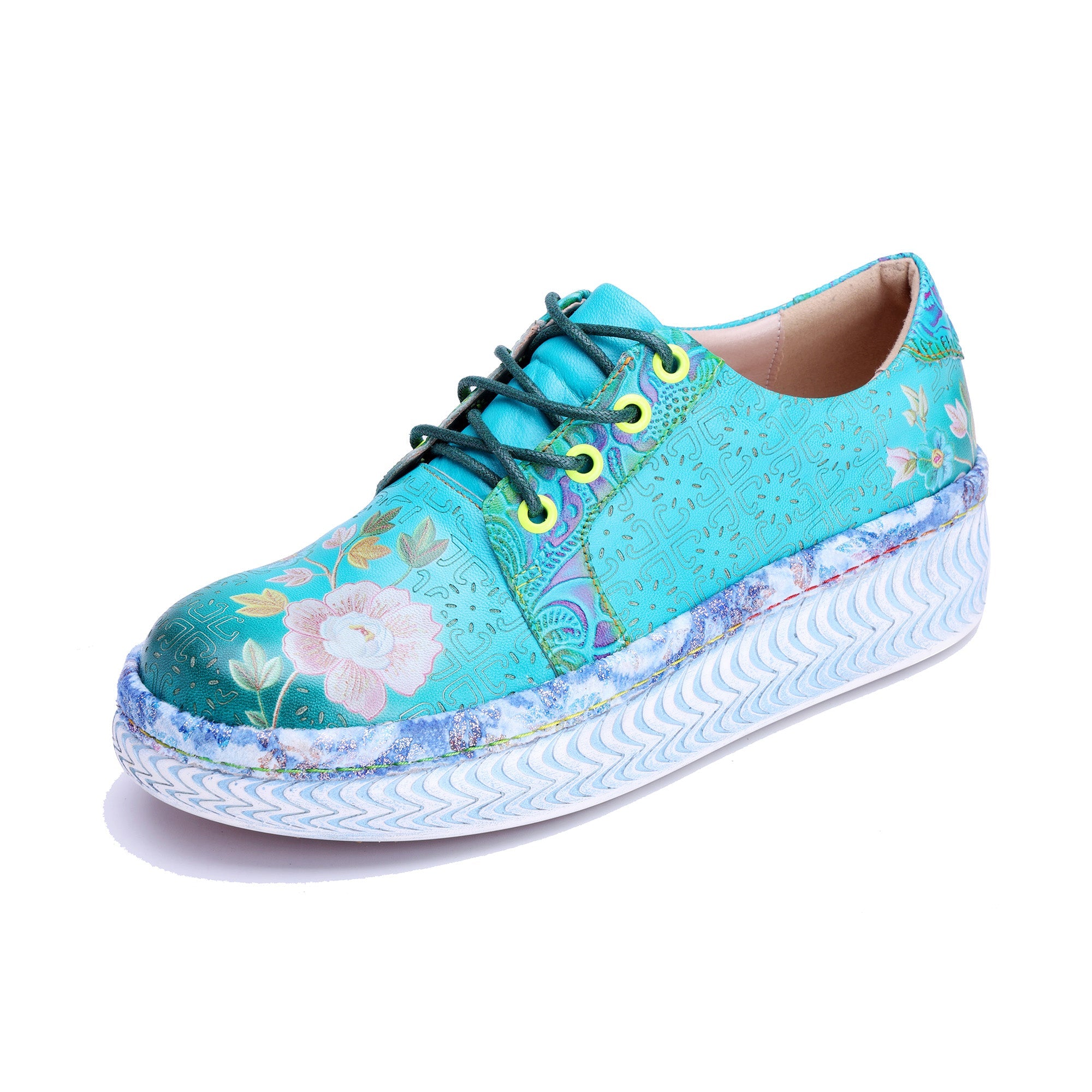 Turquoise Floral Platform Lace-Up Sneakers
