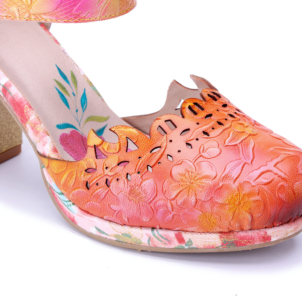 Peach Floral Engraved Chunky Heel Sandals