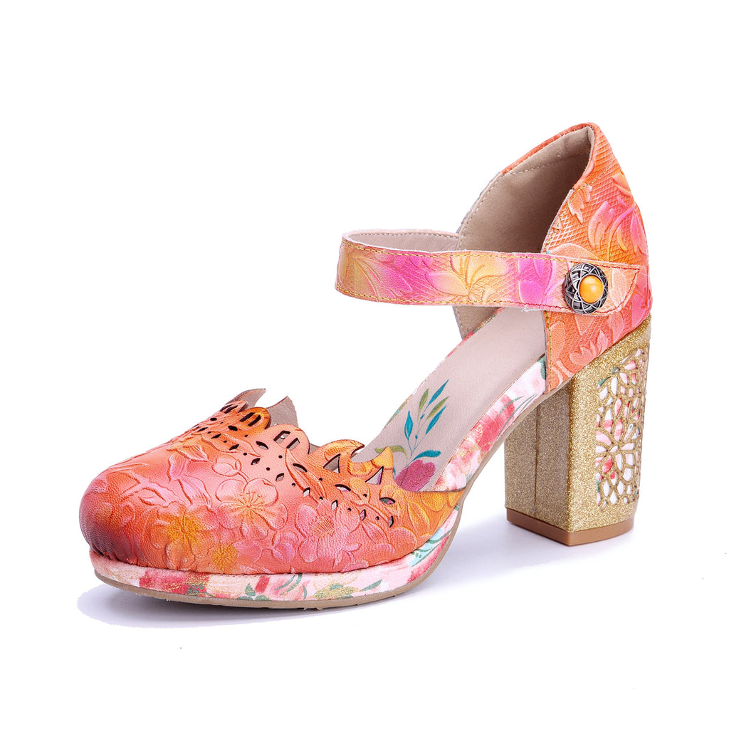 Peach Floral Engraved Chunky Heel Sandals