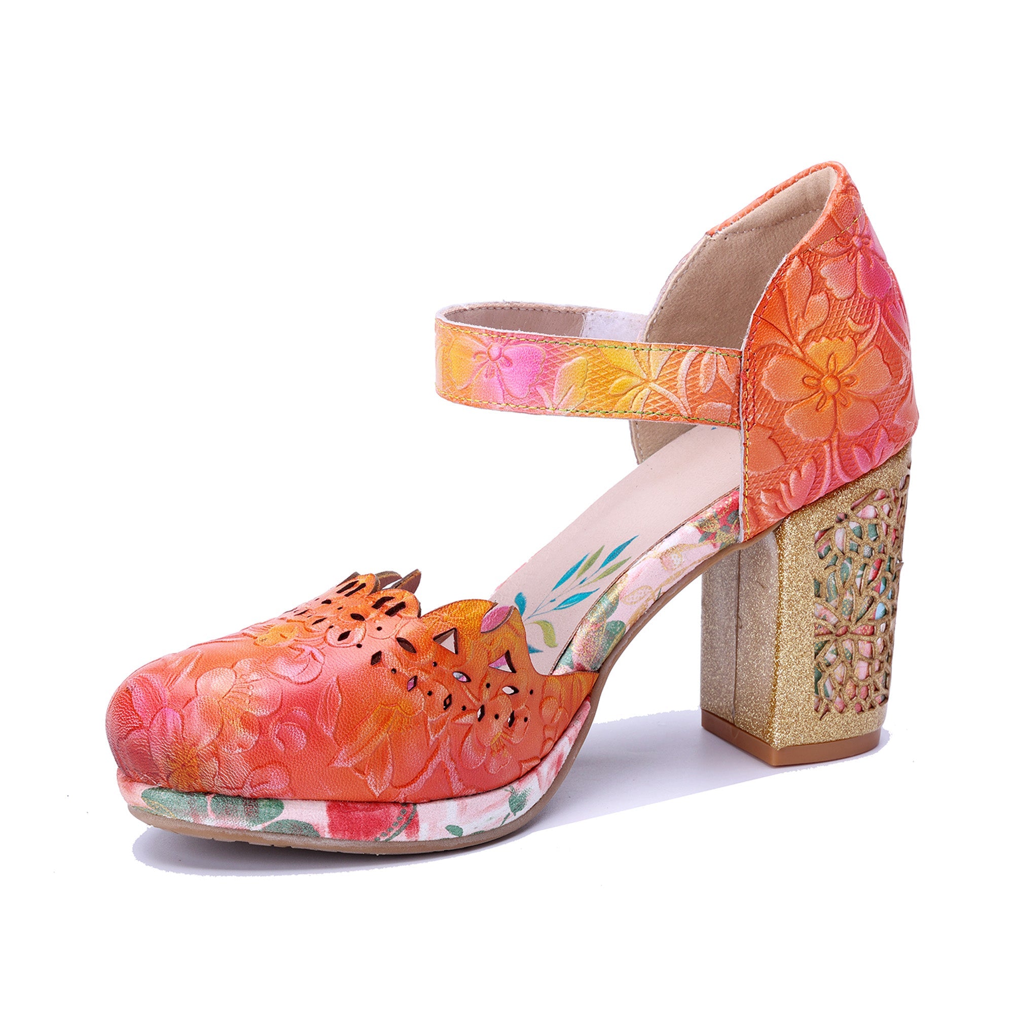 Peach Floral Engraved Chunky Heel Sandals