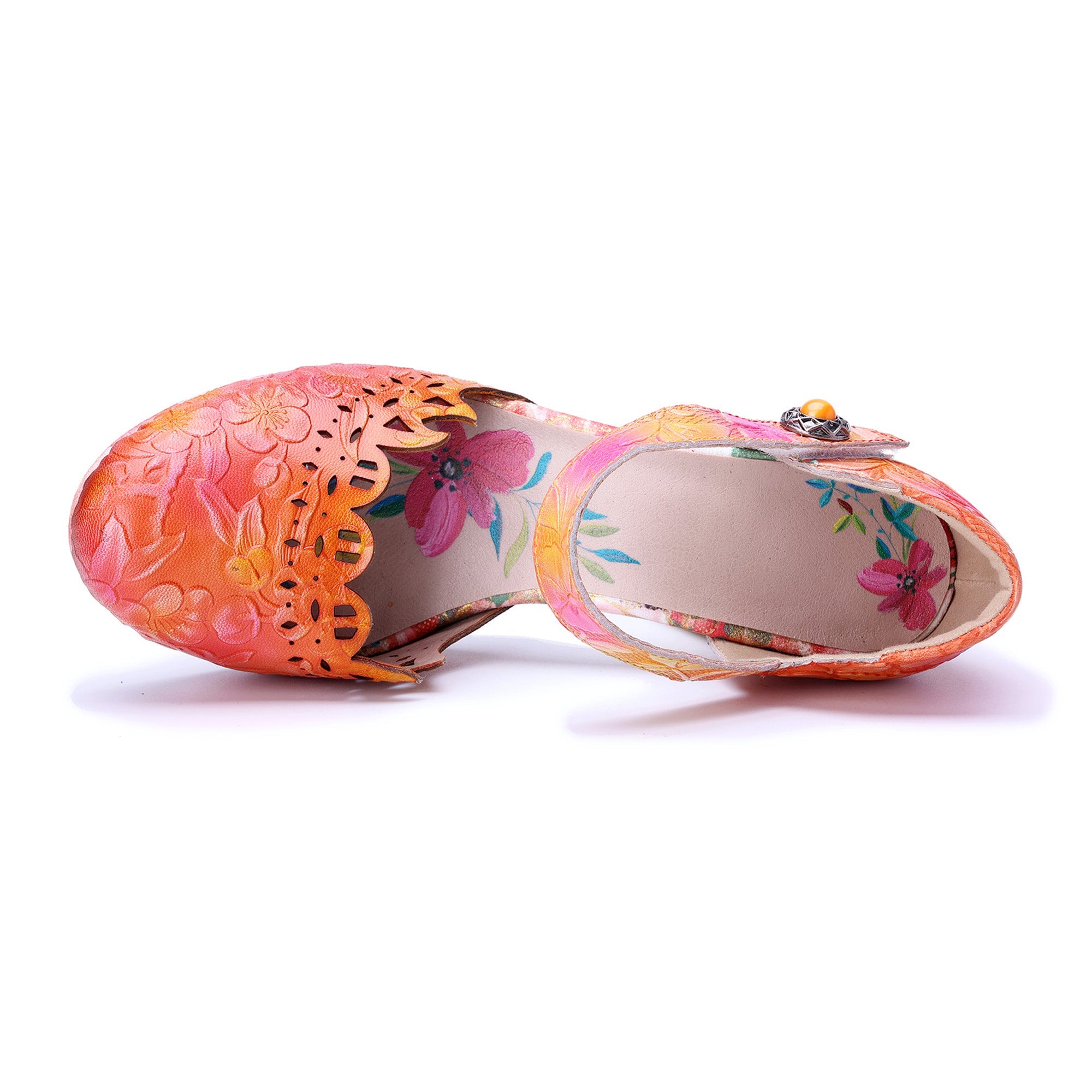 Peach Floral Engraved Chunky Heel Sandals