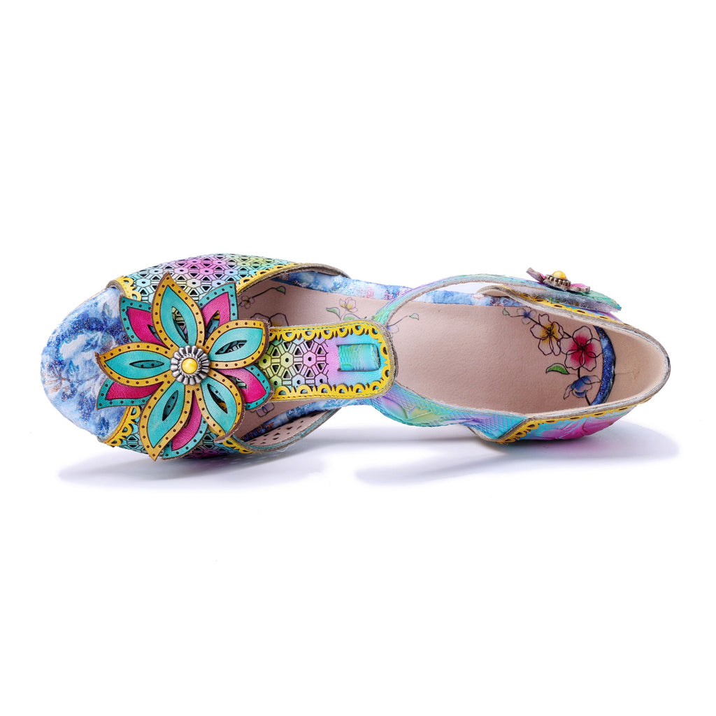 Multicolor Floral T-Strap Sandals