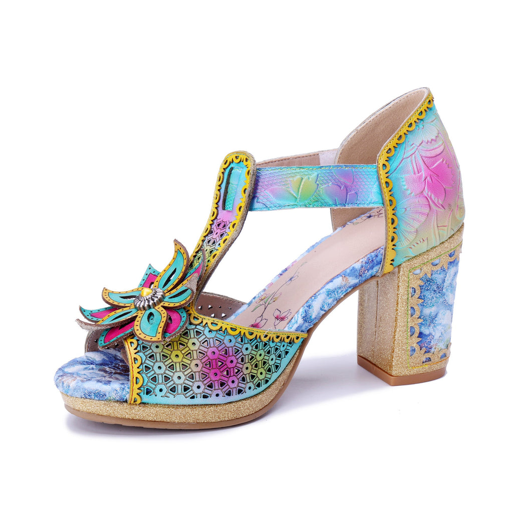 Multicolor Floral T-Strap Sandals