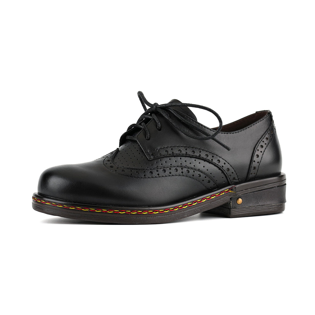 Classic Brogue Leather Lace-Up Flat Shoes