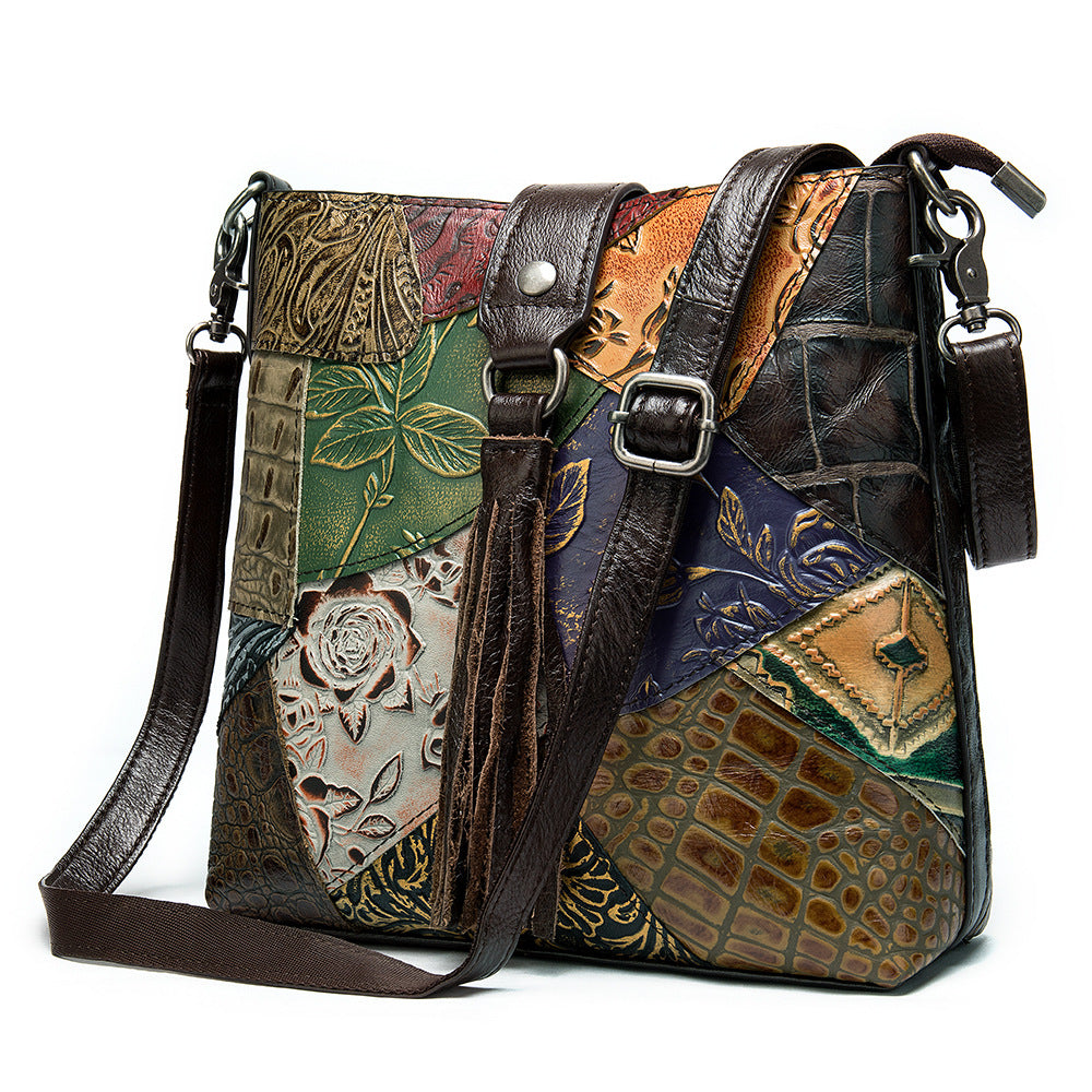 Vintage Patchwork Embossed Crossbody Tassel Bag