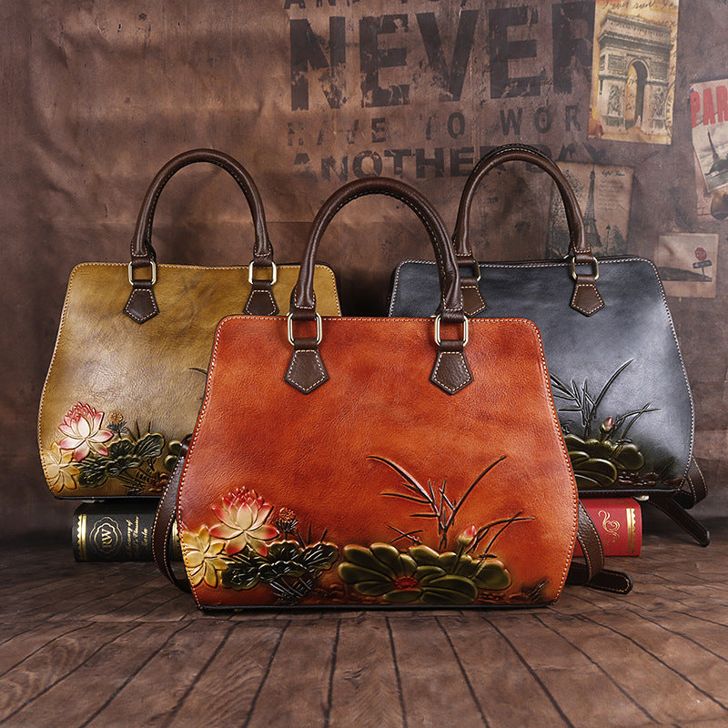 Vintage Cowhide Embossed Handbag Crossbody Bag
