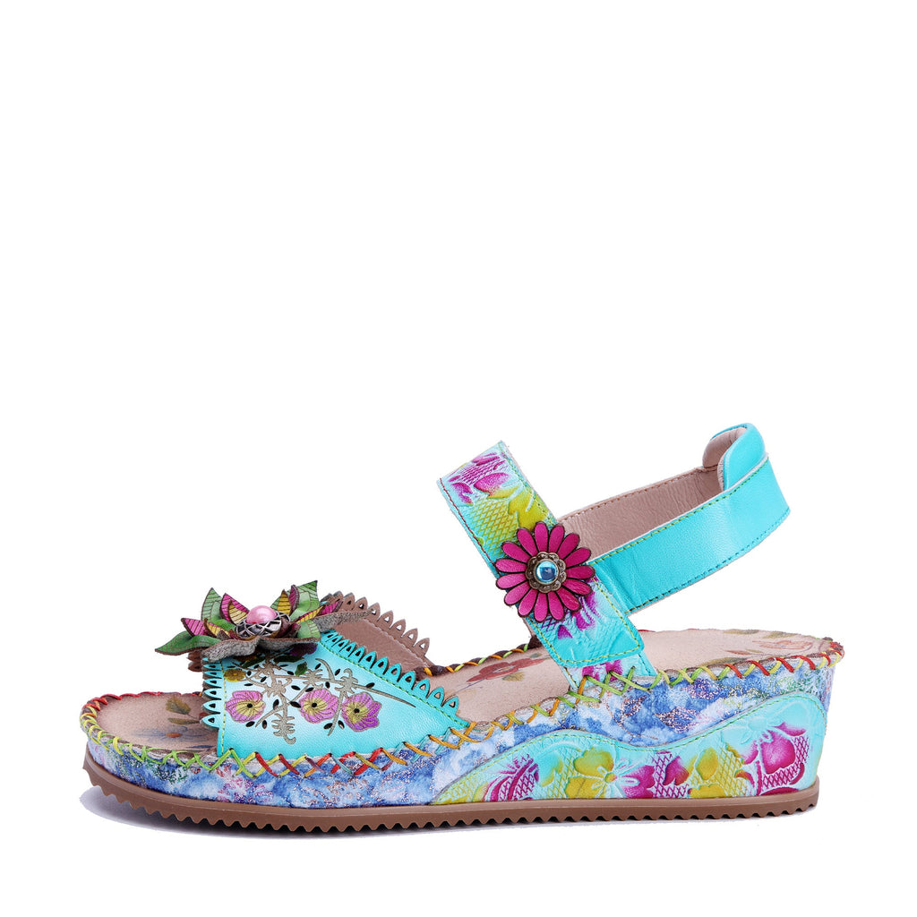Handmade Turquoise Floral Wedge Sandals