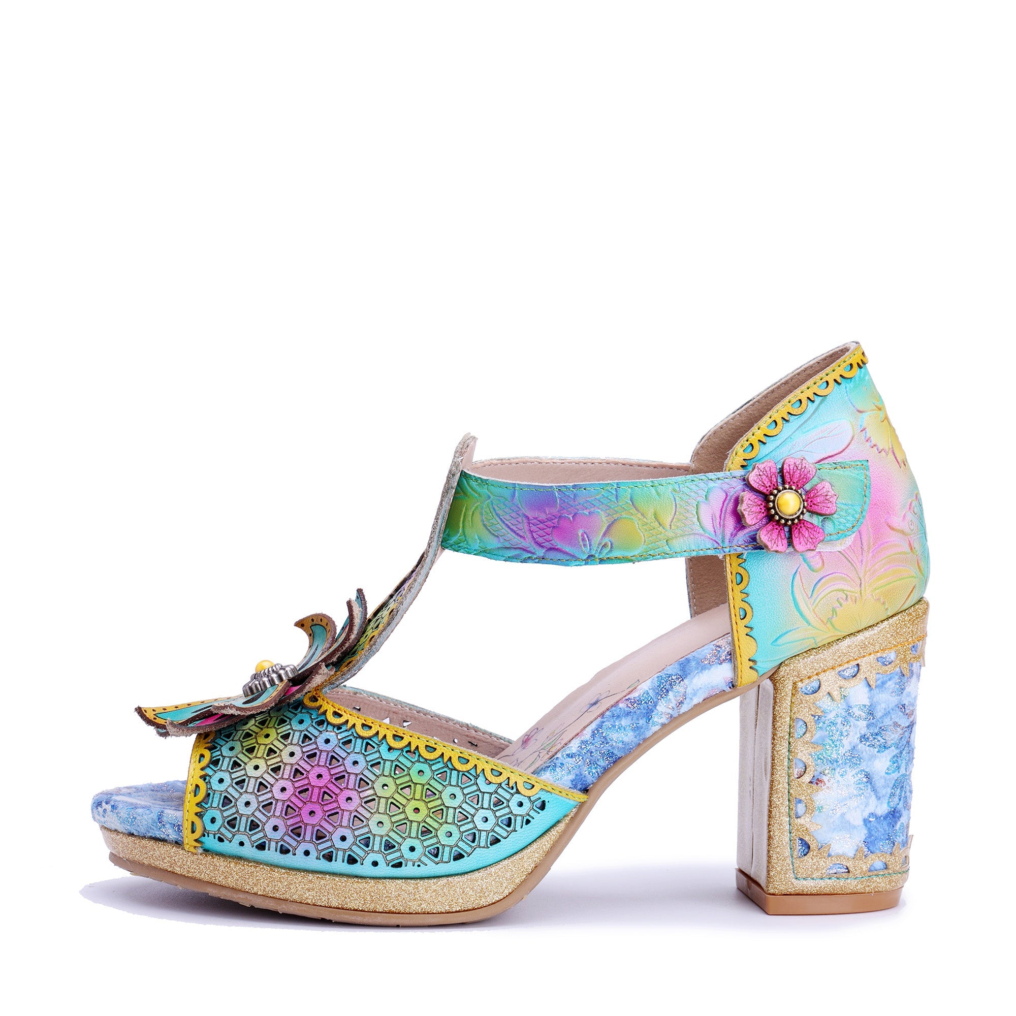 Multicolor Floral T-Strap Sandals