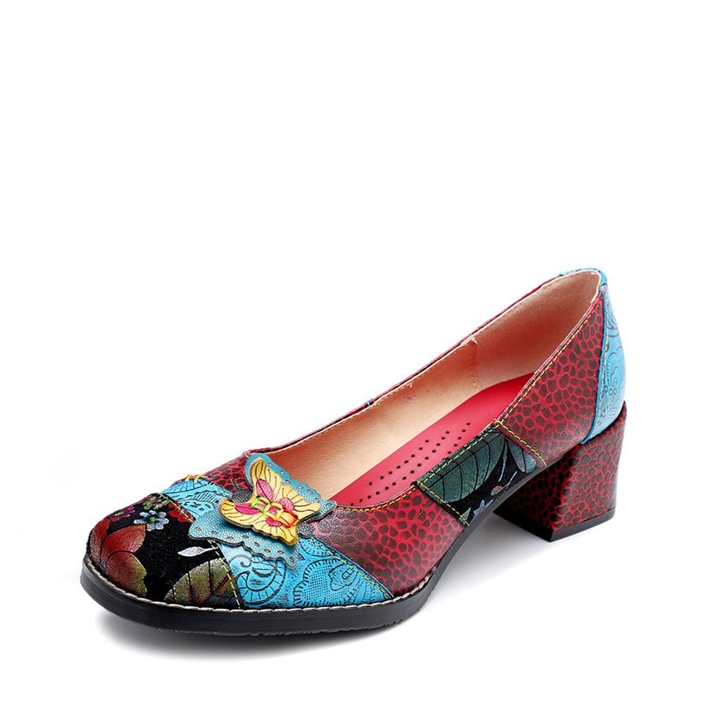 Retro Leather Applique Chunky Heel Pump