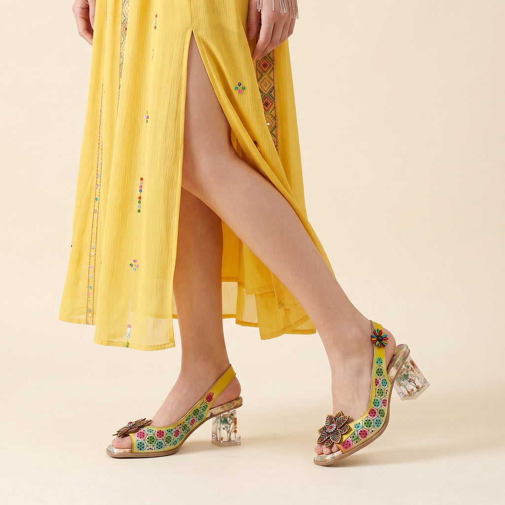 Floral and Clear Heel Slingback Sandals