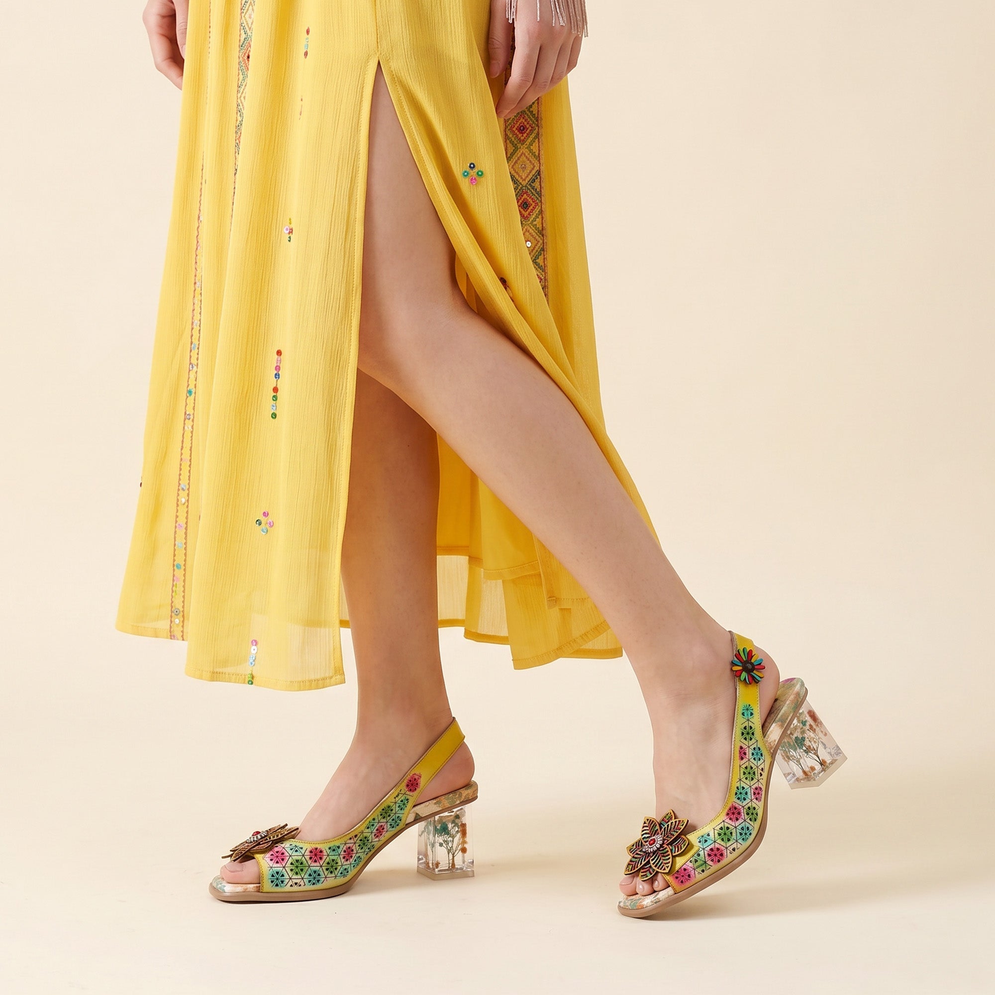 Floral and Clear Heel Slingback Sandals