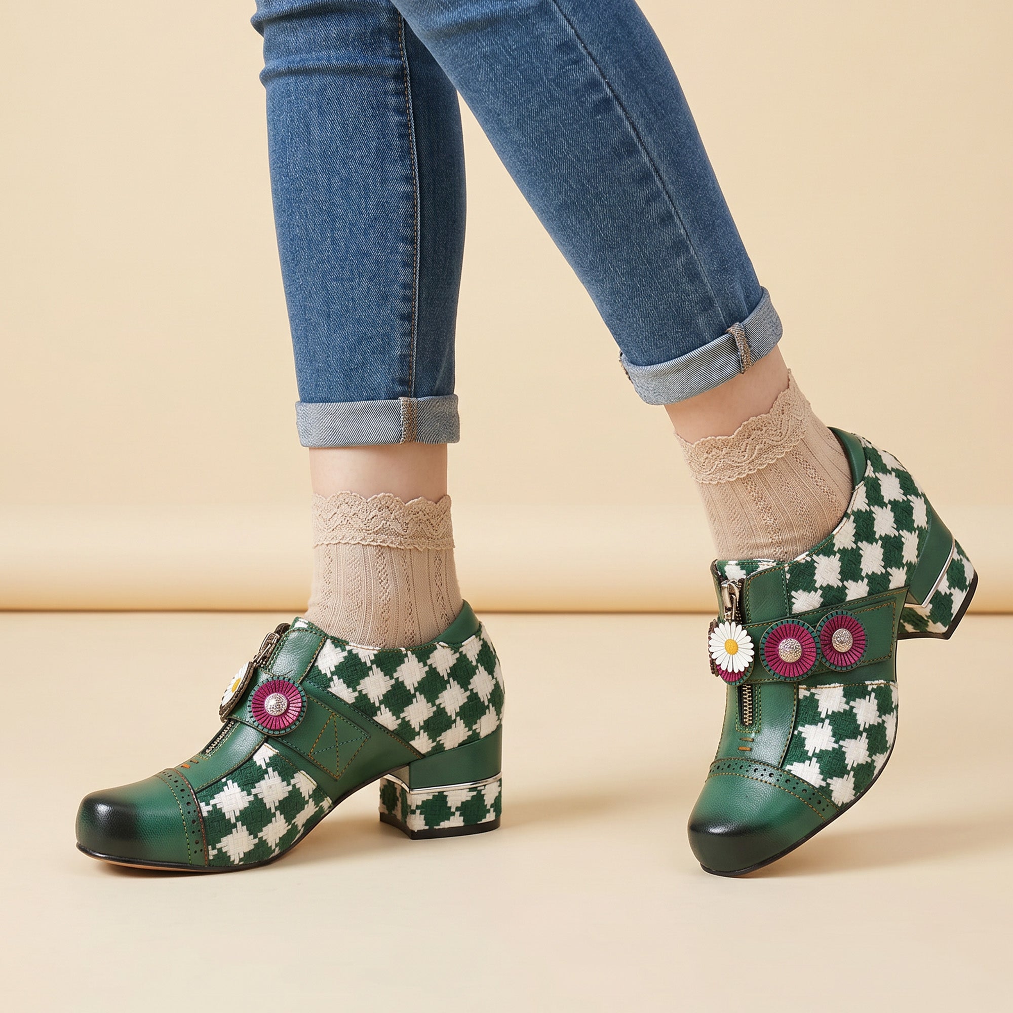 Enchanted Christmas Green Check Block Heels with Rosette Buttons & Easy Zip