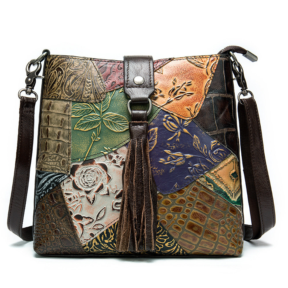 Vintage Patchwork Embossed Crossbody Tassel Bag