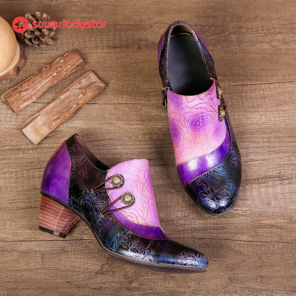Hand Embossed Leather Low Heel Shoes