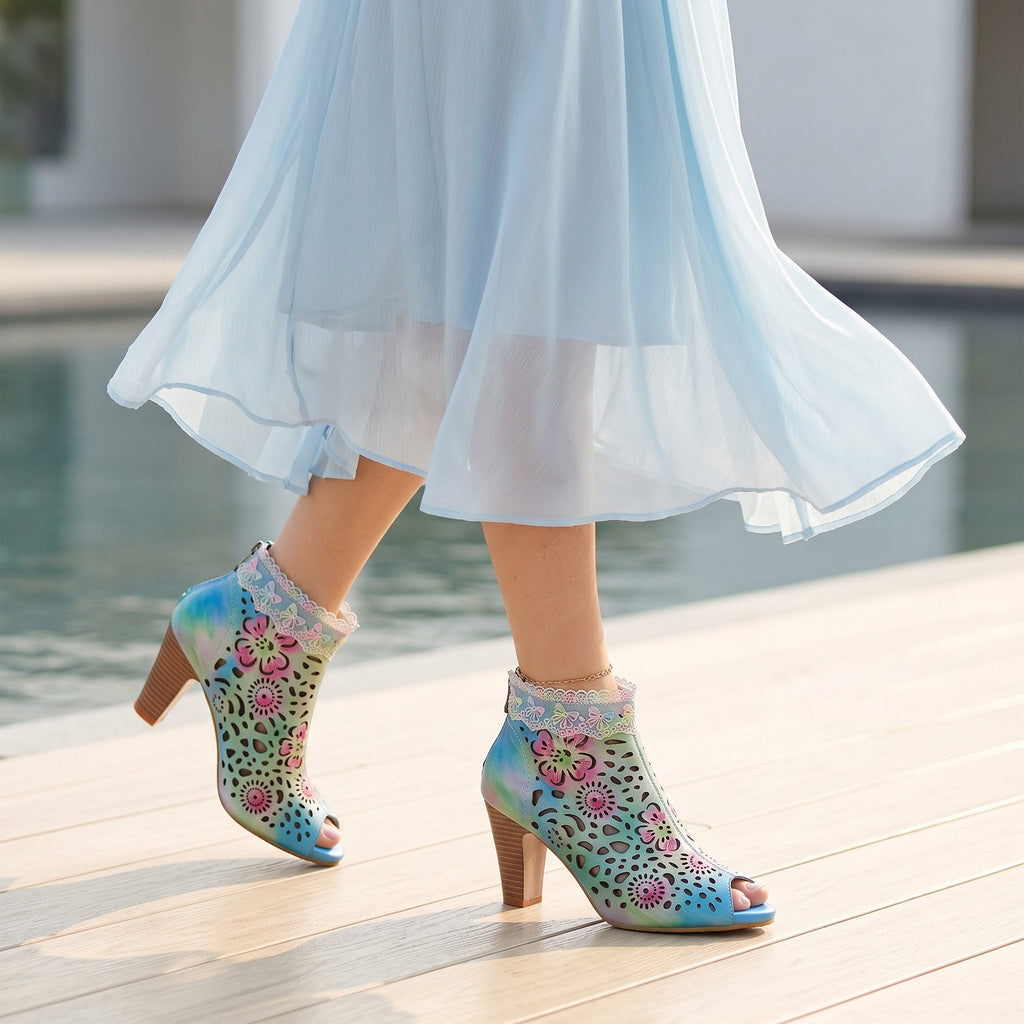 Gradient Floral Cutout Lace Trim Sandals