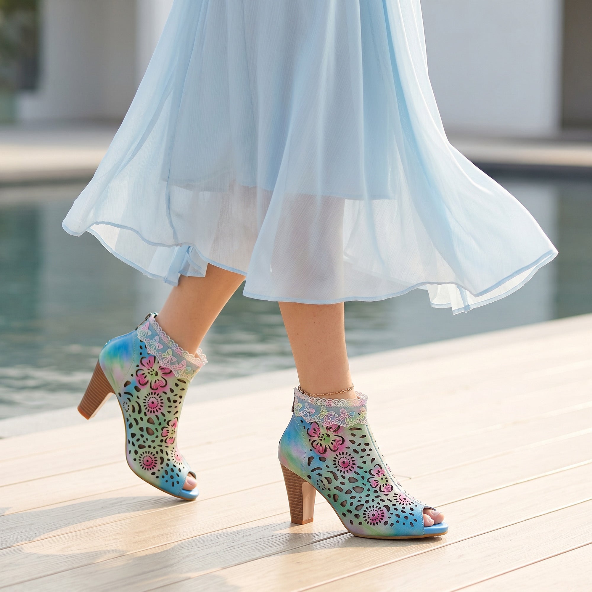 Gradient Floral Cutout Lace Trim Sandals