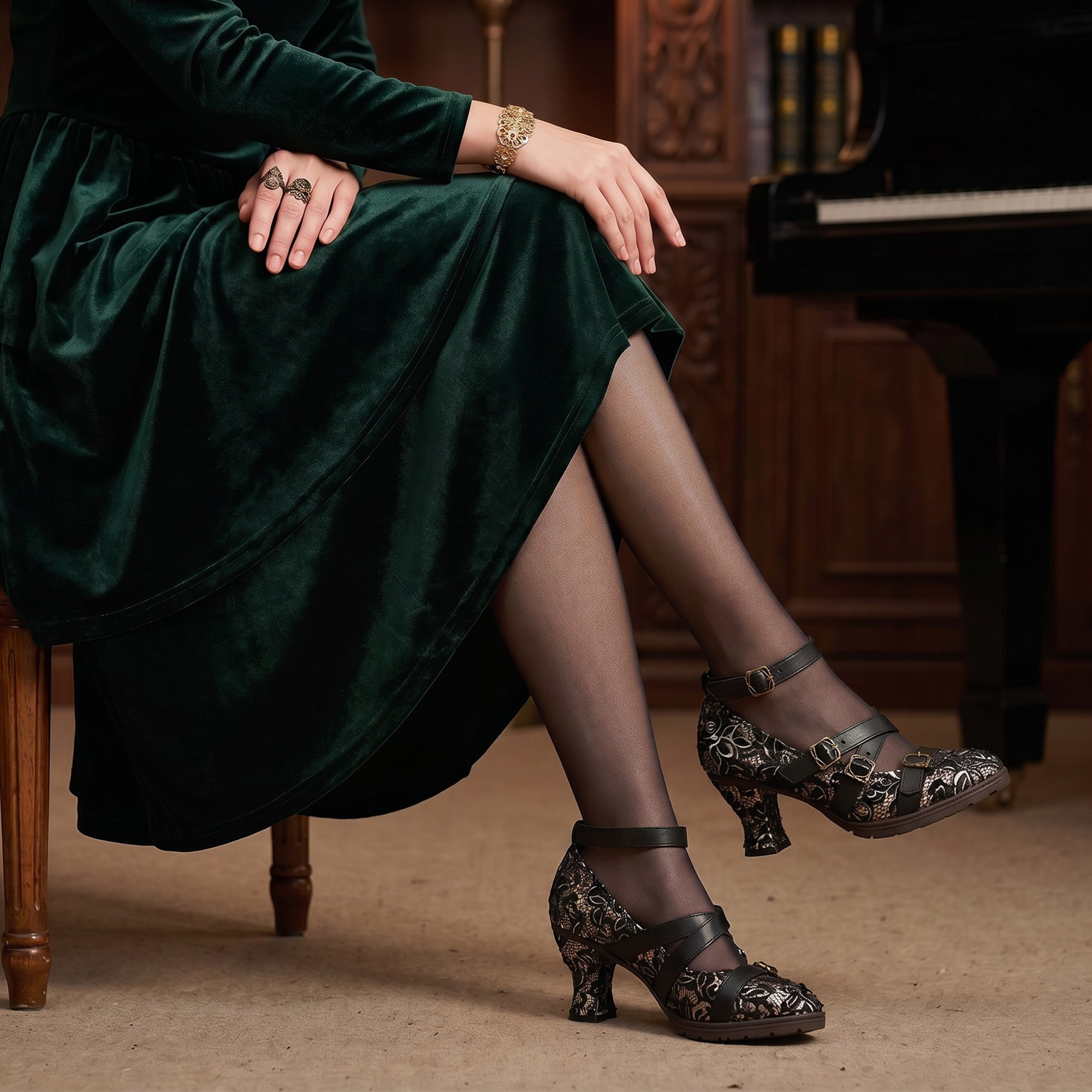 Vintage Lace Buckle Heeled Pumps