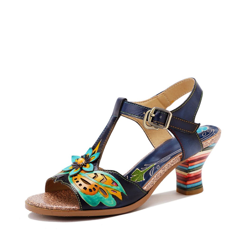 Retro Handmade Colored Stripe Heel Comfy Sandals