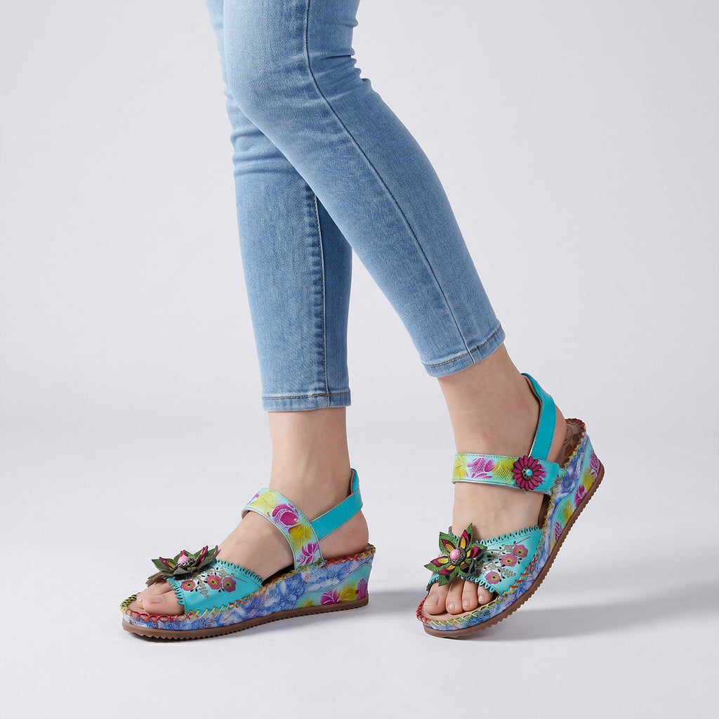 Handmade Turquoise Floral Wedge Sandals