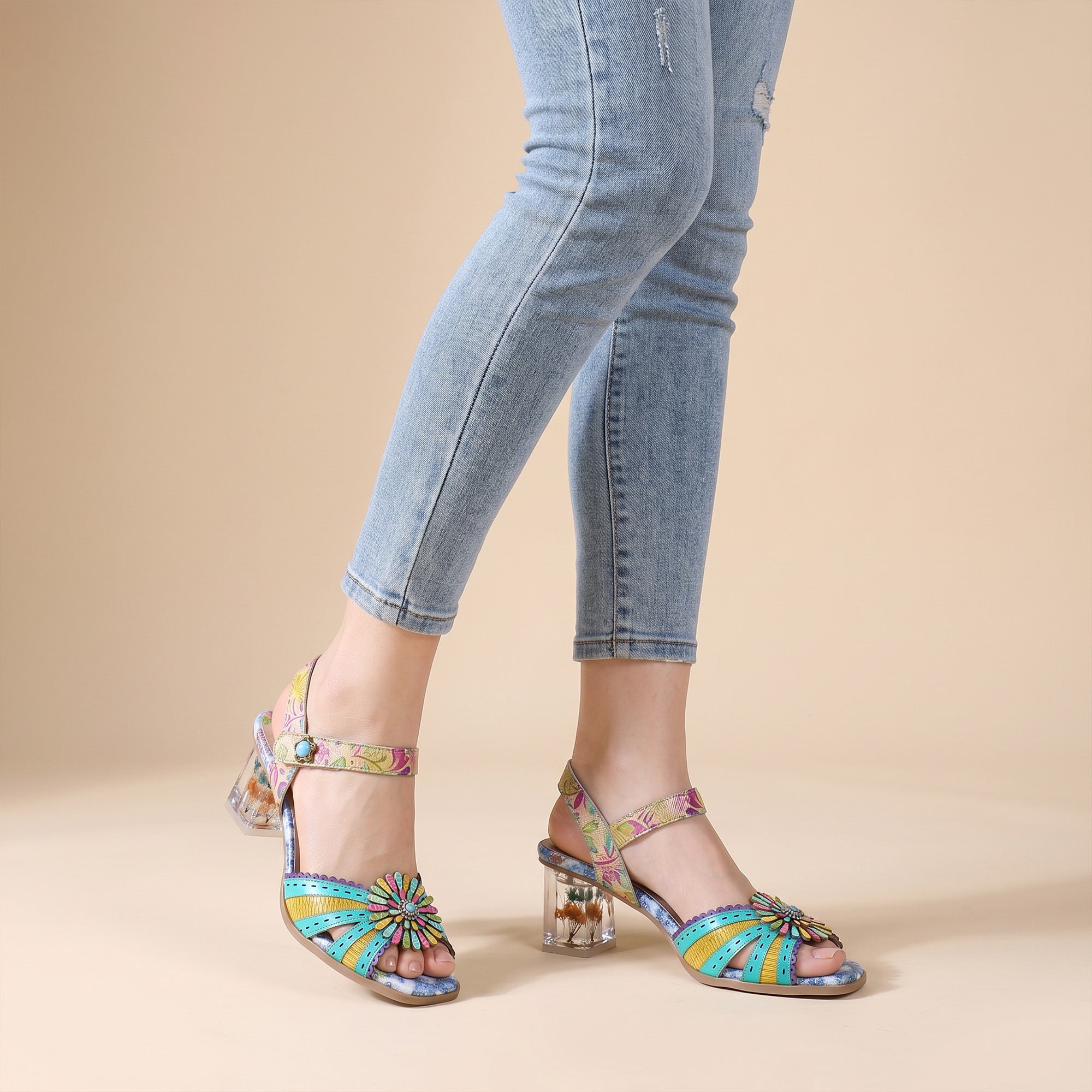 Vibrant Floral Transparent Heel Sandals
