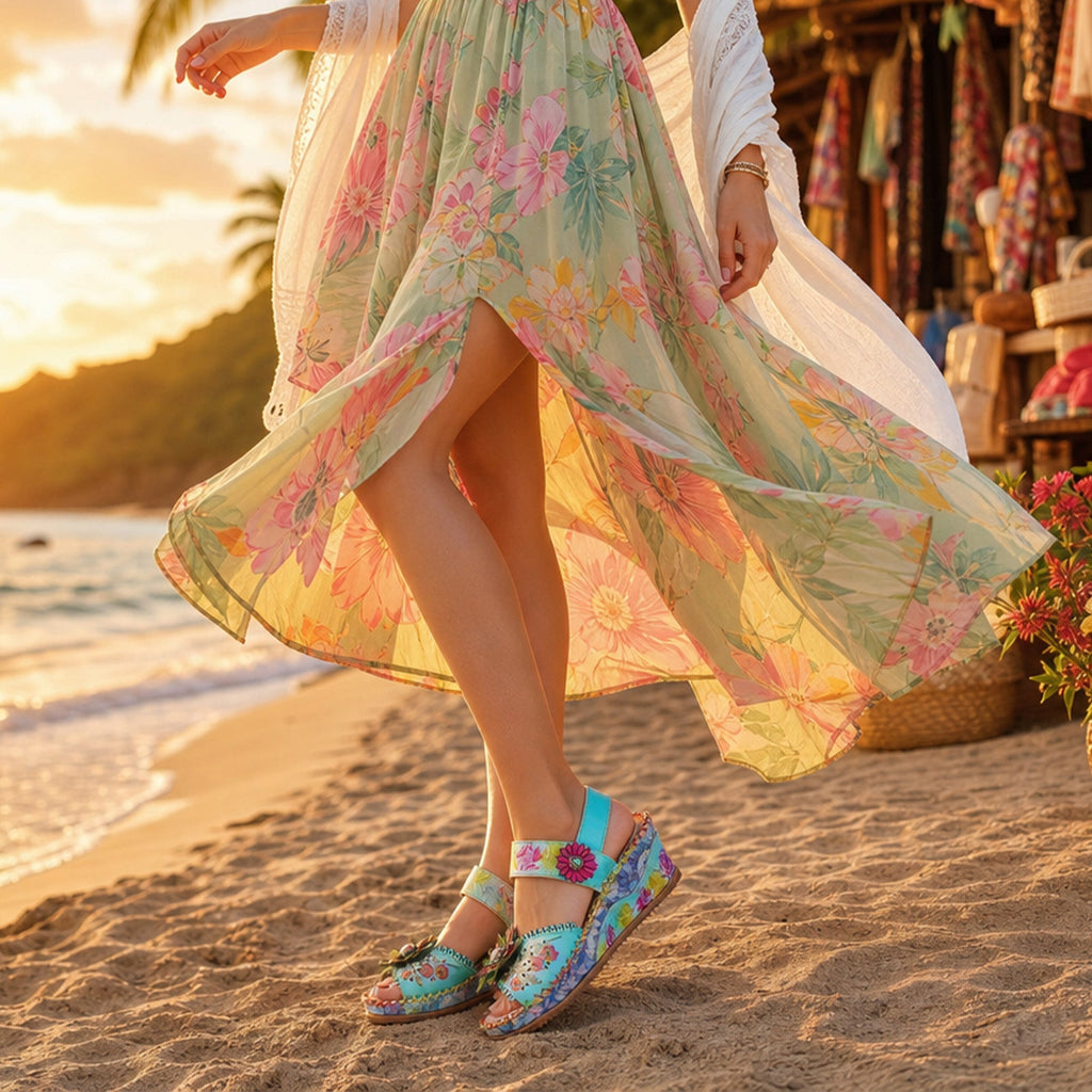 Handmade Turquoise Floral Wedge Sandals