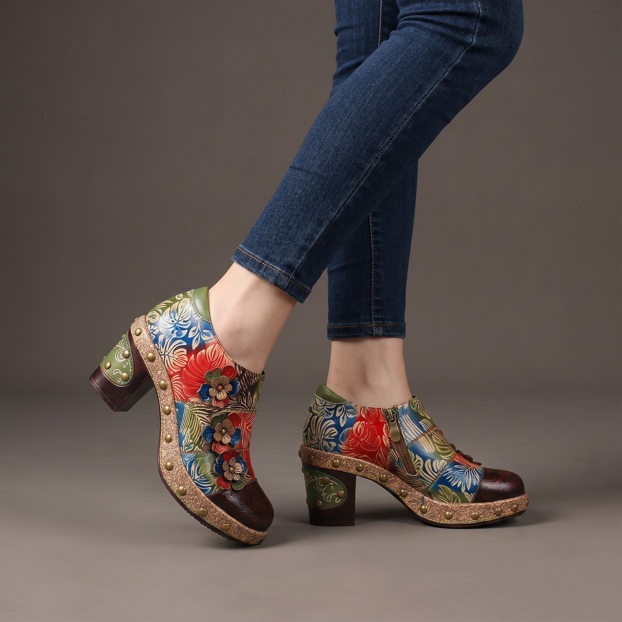 Retro Floral Handmade Rivet Comfort Block Heel Pumps