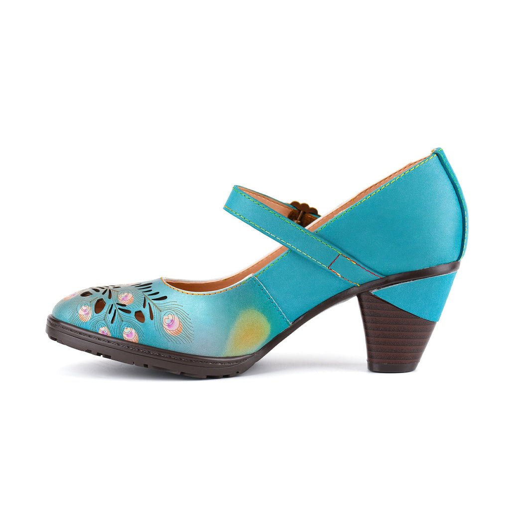 Peacock-Inspired Leather Mary Jane Pumps
