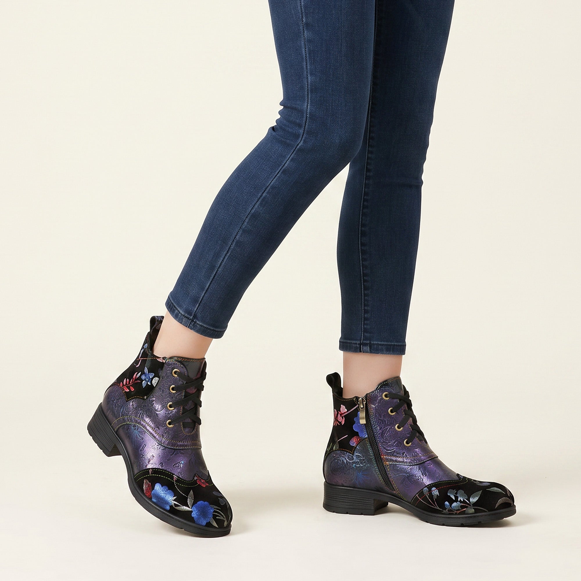 Genuine Leather Embossed Comfy Ankle Boots