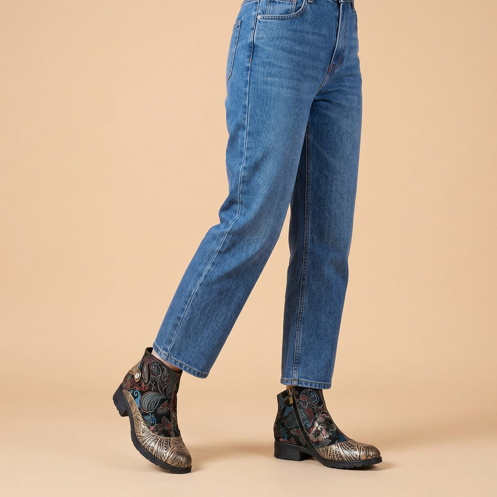Genuine Leather Embroidered Comfy Flat Ankle Boots