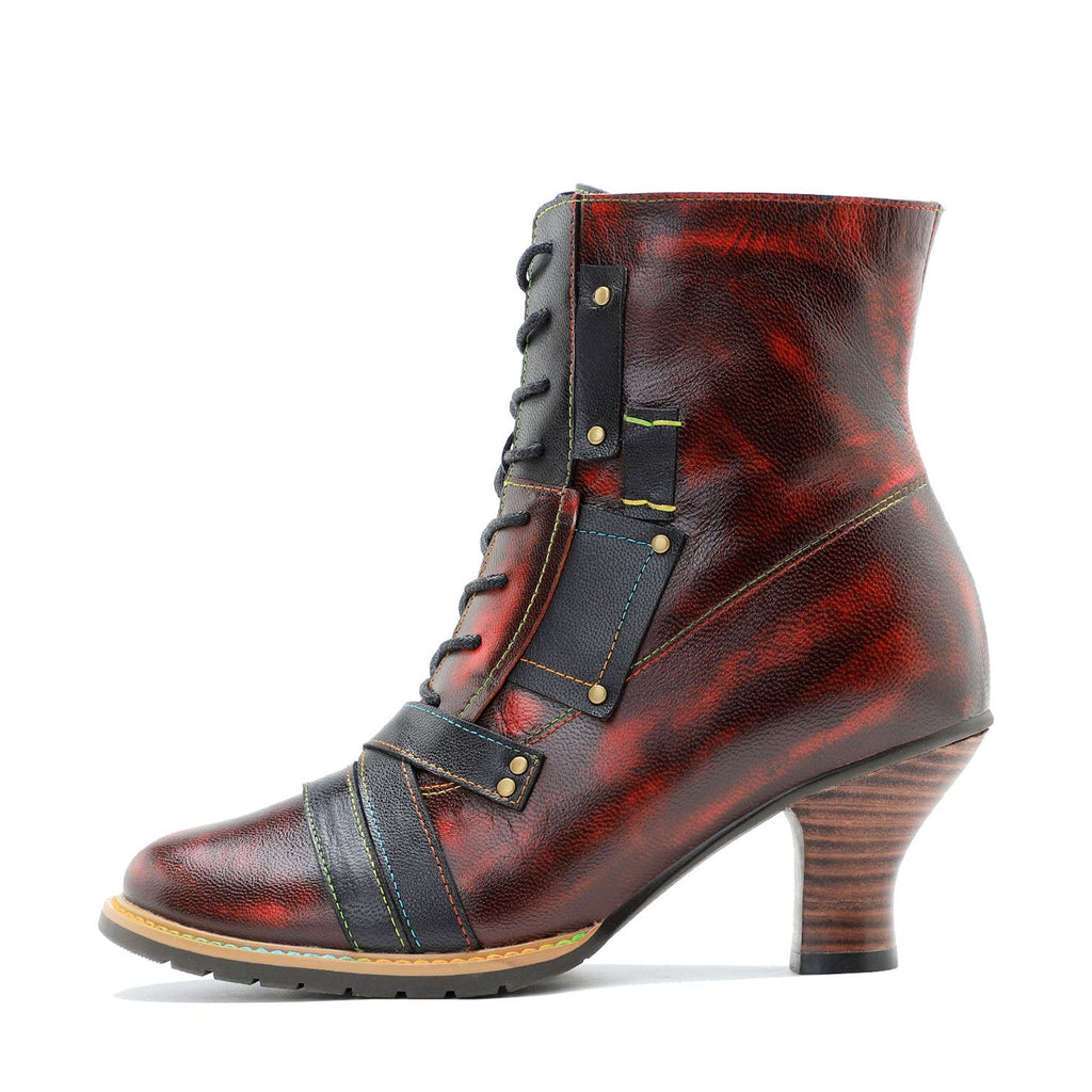 Handcrafted Vintage Mixed Leather High Heel Ankle Boots