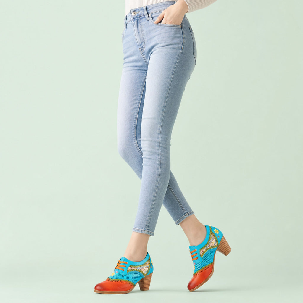 Bohemian Perforated Mid-Heel Oxfords
