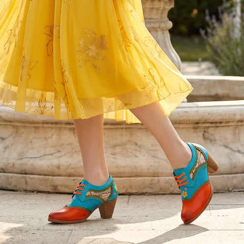 Bohemian Perforated Mid-Heel Oxfords
