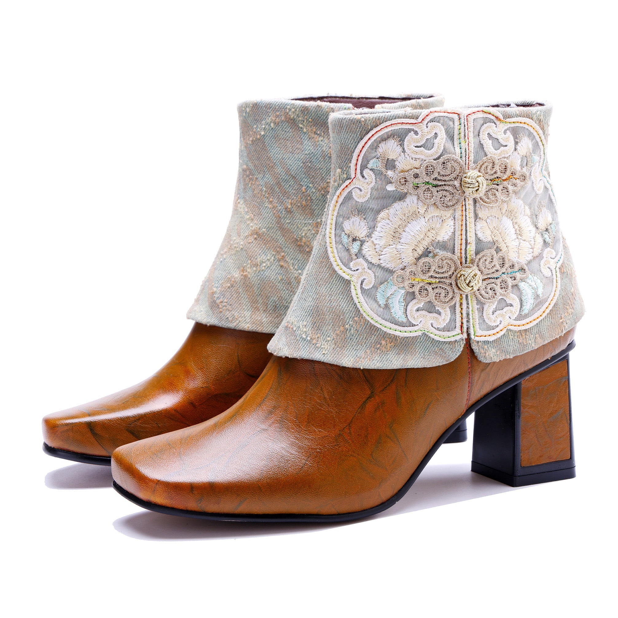Embroidered Foldover Ankle Boots