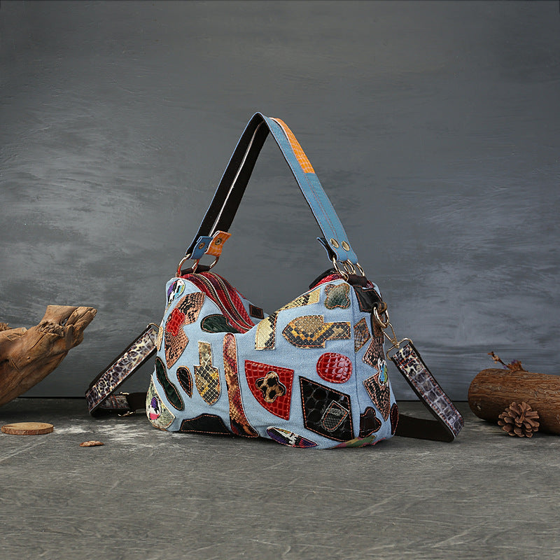 Vintage Colorblock Denim Shoulder Bag