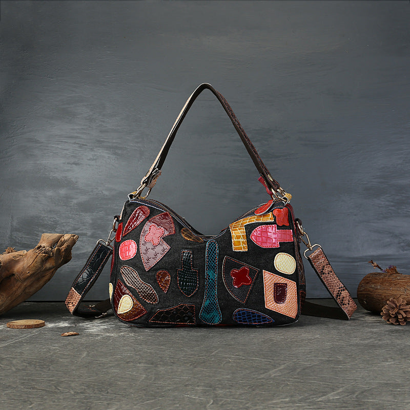 Vintage Colorblock Denim Shoulder Bag