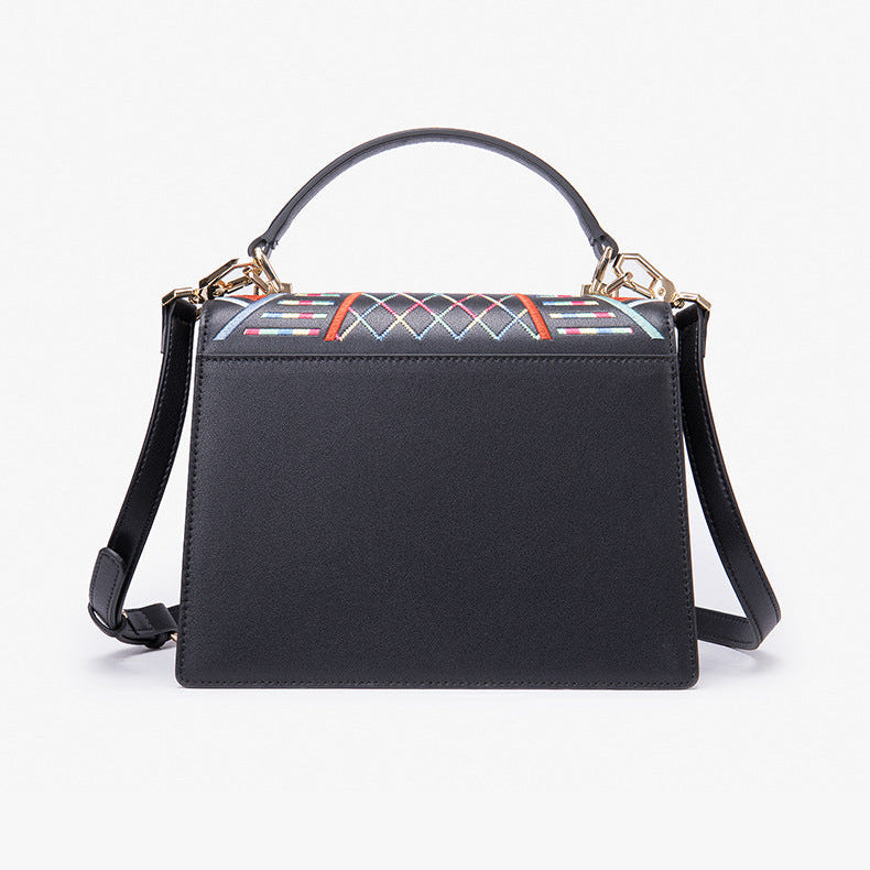 Genuine Leather Embroidered Top Handle Shoulder & Crossbody Bag