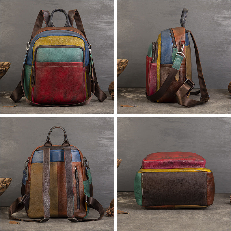 Genuine Leather Colorblock Casual Backpack