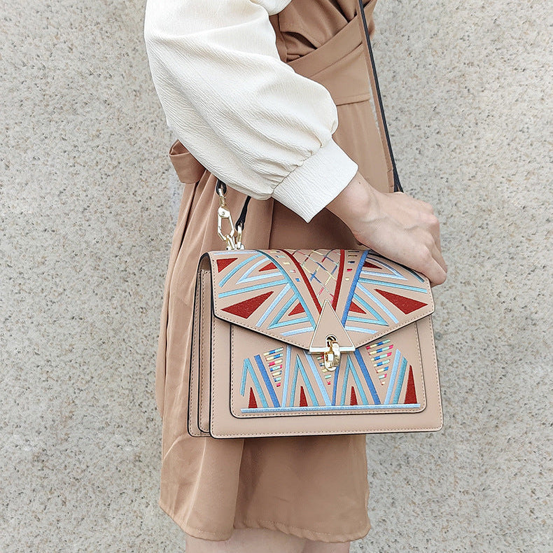 Genuine Leather Embroidered Top Handle Shoulder & Crossbody Bag