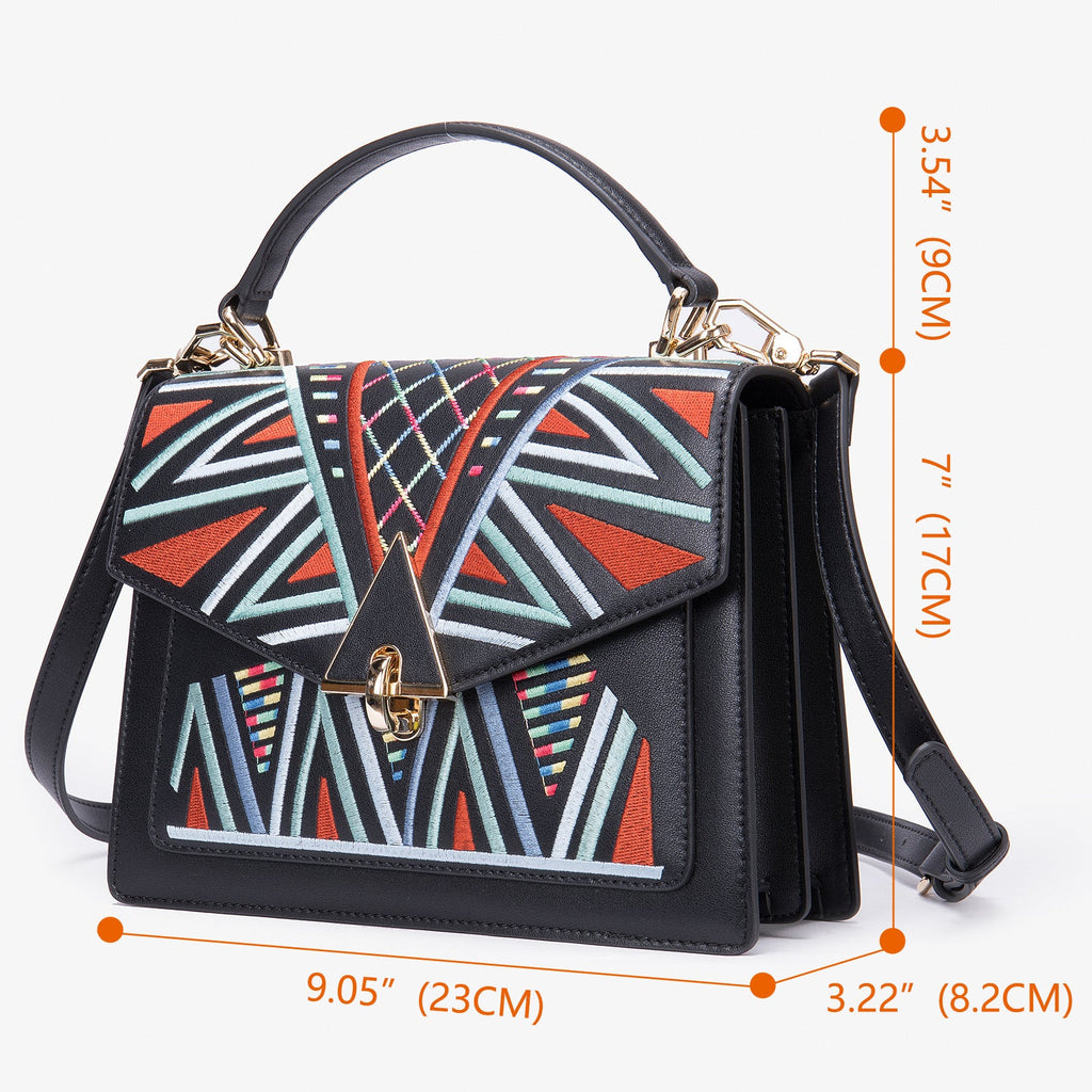 Genuine Leather Embroidered Top Handle Shoulder & Crossbody Bag