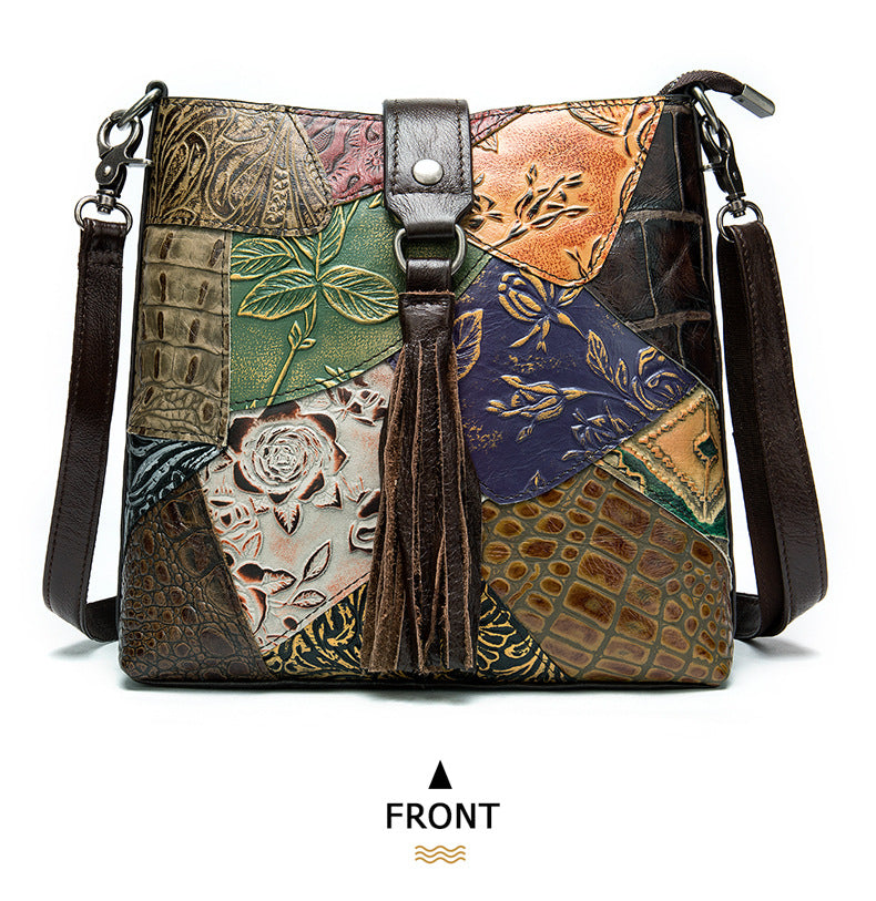 Vintage Patchwork Embossed Crossbody Tassel Bag