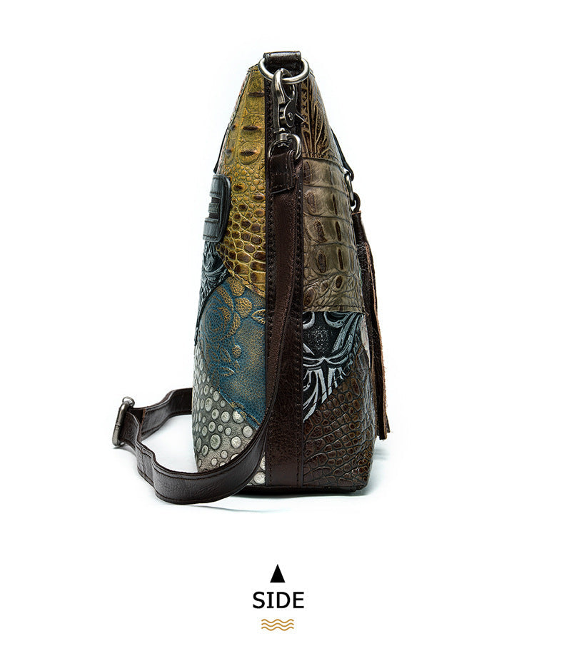 Vintage Patchwork Embossed Crossbody Tassel Bag