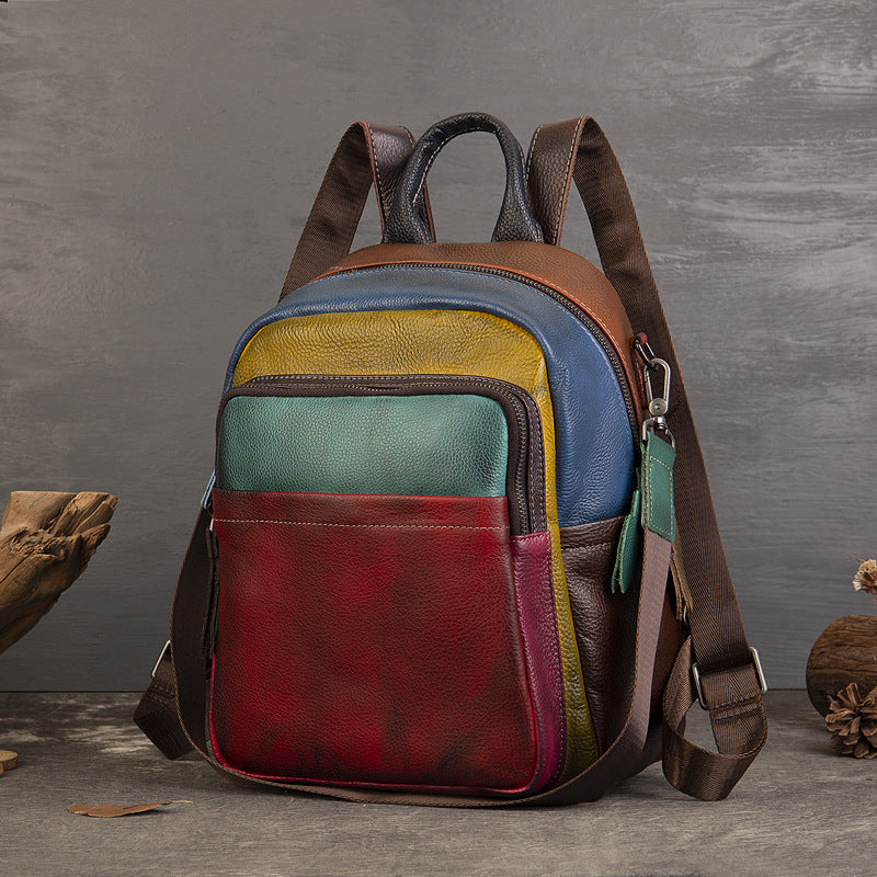 Genuine Leather Colorblock Casual Backpack
