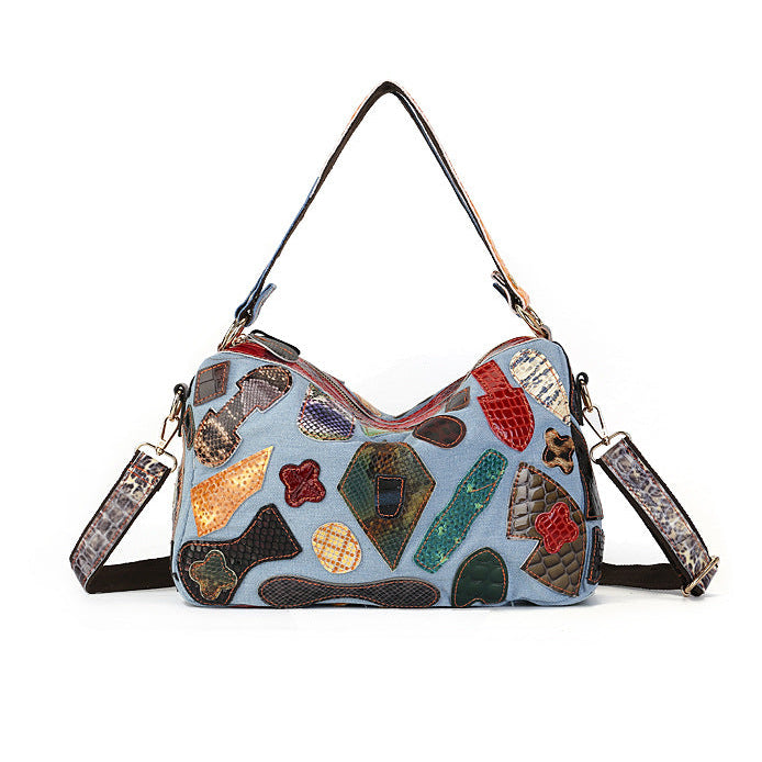 Vintage Colorblock Denim Shoulder Bag